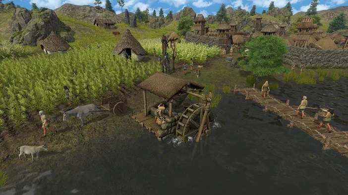 Capture d'écran du jeu Dawn of Man montrant un village primitif avec des huttes en chaume, une roue à eau et plusieurs personnages effectuant diverses tâches agricoles près de champs verts.