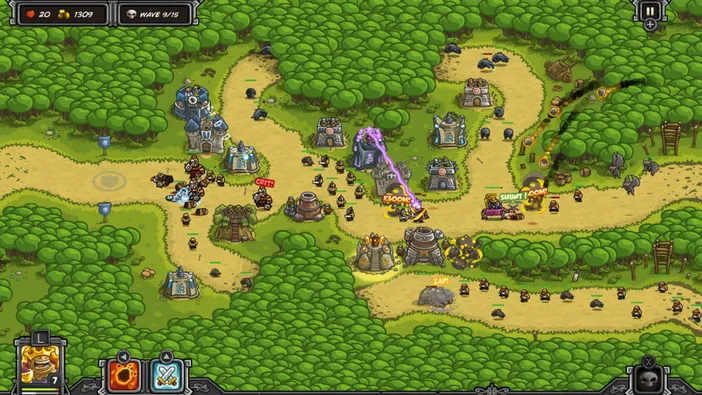 Capture d'écran du jeu de stratégie Kingdom Rush montrant une carte avec des tours défensives et des ennemis sur un chemin entouré de forêts.