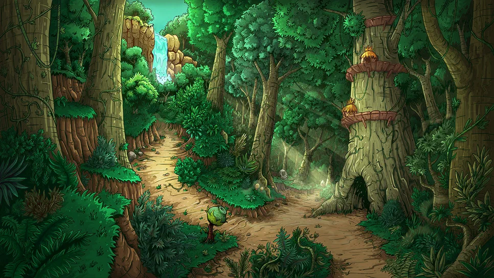 Fond d'écran du jeu Kingdom Rush Origins montrant un sentier de forêt dense avec des arbres géants et une cascade en arrière-plan.