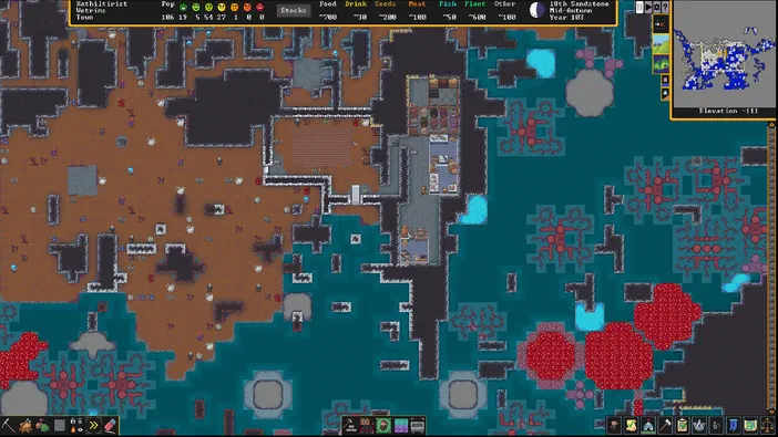 Capture d'écran du jeu de stratégie Dwarf Fortress montrant une vue isométrique d'une colonie naine avec des bâtiments et un paysage coloré.