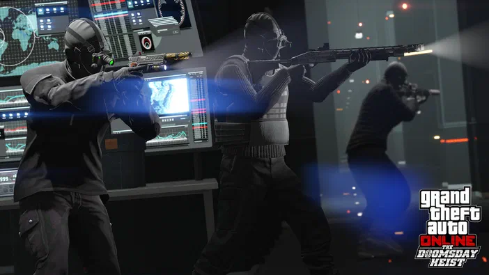 Capture d'écran de Grand Theft Auto V Legacy montrant trois personnages armés dans un environnement futuriste avec des écrans et du matériel électronique.