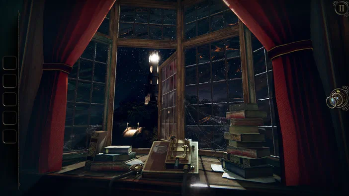 Capture d'écran du jeu The Room Three montrant une table en bois avec des livres et un mécanisme complexe devant une grande fenêtre ouverte sur la nuit.