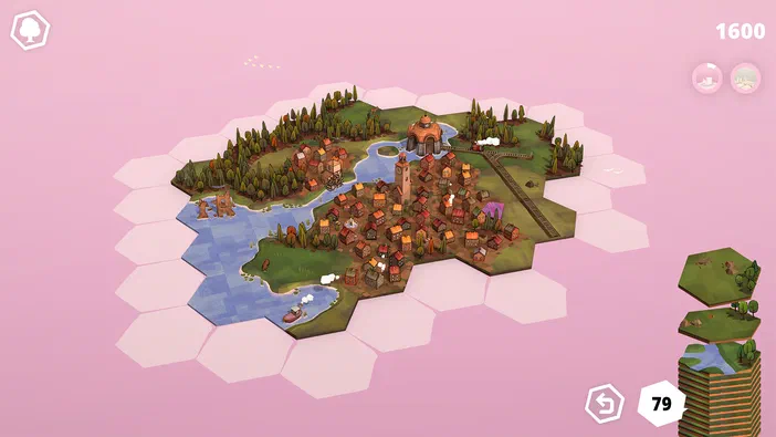 Capture d'écran du jeu vidéo Dorfromantik montrant une carte hexagonale avec des maisons et de la forêt.