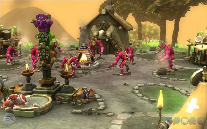 Dans le jeu vidéo Spore, une scène de village avec des créatures roses et un totem coloré.