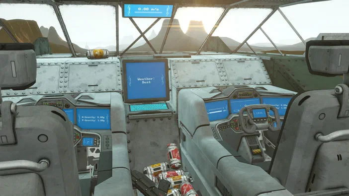 Vue intérieure d'un cockpit de vaisseau spatial dans le jeu Space Engineers avec des écrans bleus affichant 'Weather: Dust' et une vue sur un paysage désertique au coucher du soleil.