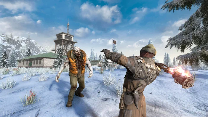 Dans le jeu vidéo 7 Days to Die, un joueur en tenue de survie brandit une arme flamboyante face à un zombie dans un paysage enneigé avec des bâtiments et une tour d'observation.