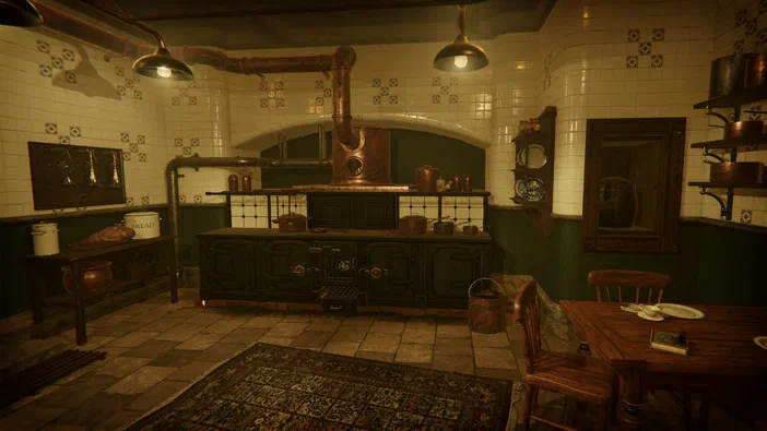 Une cuisine de jeu vidéo avec un grand poêle noir au centre, des murs carrelés blancs et verts, une table en bois à droite et deux lampes suspendues.