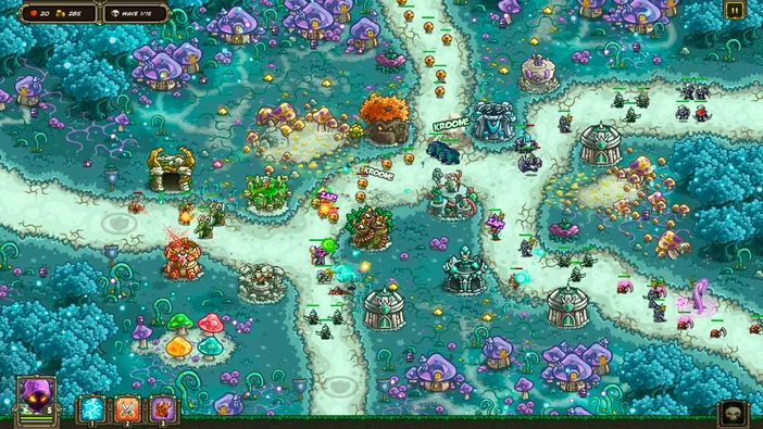 Capture d'écran du jeu Kingdom Rush Origins montrant une carte de stratégie avec des unités et des structures dans un environnement coloré.