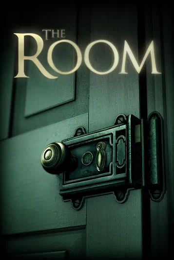 Affiche du jeu vidéo The Room montrant une porte en bois avec un loquet métallique complexe et le titre en lettres dorées.