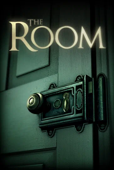 Affiche du jeu vidéo The Room montrant une porte en bois avec un loquet métallique complexe et le titre en lettres dorées.