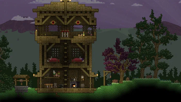 Capture d'écran du jeu vidéo Starbound montrant une grande maison en bois à plusieurs étages avec des lits et un feu dans le salon.