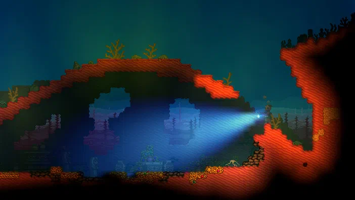 Capture d'écran du jeu vidéo Starbound montrant une structure en forme de pont sous-marin avec des algues et un rayon lumineux bleu.
