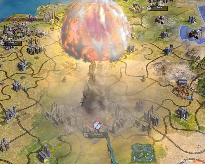 Capture d'écran du jeu Sid Meier's Civilization IV montrant une explosion nucléaire au-dessus de la ville Munich.