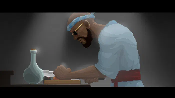 Dans le jeu Dave the Diver, un personnage masculin à la peau foncée portant des lunettes de soleil et une serviette bleue sur la tête prépare du poisson avec soin.