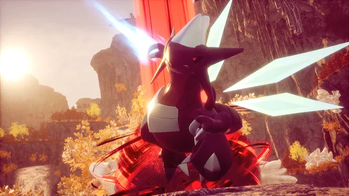 Dans le jeu Palworld, un créature noire aux ailes lumineuses se tient sur une falaise ensoleillée avec des cristaux rouges.