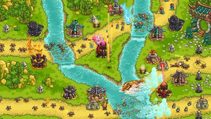 Capture d'écran du jeu Kingdom Rush Vengeance montrant une carte de stratégie avec des tours et des unités alignées le long d'une rivière.