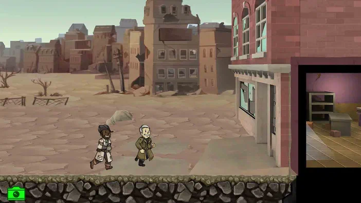Capture d'écran du jeu Fallout Shelter montrant deux personnages marchant dans une ville post-apocalyptique en ruine.