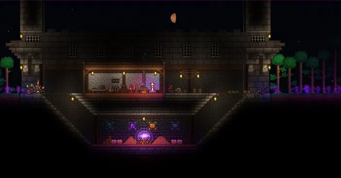Capture d'écran du jeu Terraria montrant une base souterraine avec des murs de pierre et un personnage au centre.