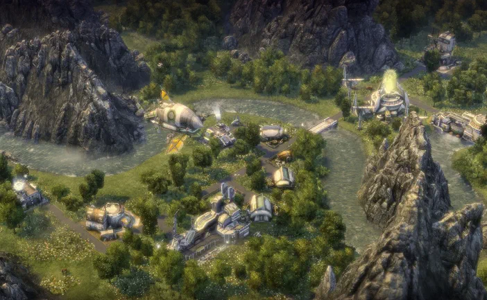 Vue aérienne d'une base futuriste dans le jeu Anno 2070 avec des bâtiments blancs et verts entourés de montagnes rocheuses.