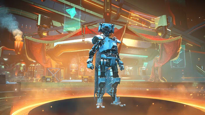 Dans le jeu vidéo No Man's Sky, un robot bleu se tient sur une plateforme circulaire émettant de la lumière orange dans un décor industriel futuriste.