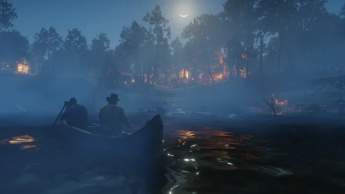Deux personnages en canot sur une rivière au crépuscule dans Red Dead Redemption 2