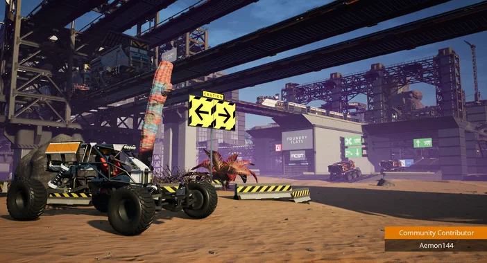 Capture d'écran du jeu Satisfactory montrant un véhicule de type buggy dans une zone industrielle avec des structures métalliques et des panneaux signalétiques.
