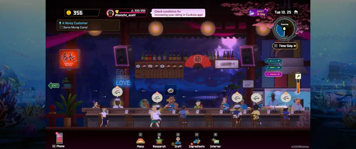 Capture d'écran du jeu vidéo Dave the Diver montrant une scène de bar animée avec des personnages et l'interface utilisateur.