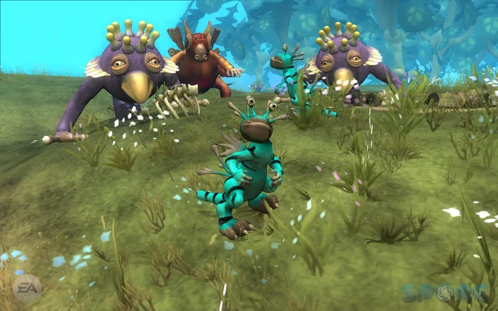 Capture d'écran du jeu vidéo Spore montrant plusieurs créatures alien colorées dans un environnement herbeux.
