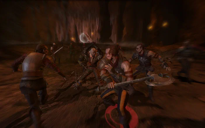 Dans une grotte sombre de The Witcher: Enhanced Edition, le protagoniste est encerclé par plusieurs ennemis armés prêts à l'attaquer.