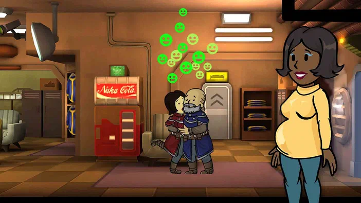Dans Fallout Shelter, un homme et une femme s'embrassent au centre d'une base souterraine avec des icônes de sourires verts flottant autour.