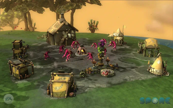Capture d'écran du jeu vidéo Spore montrant un village avec des structures et des créatures roses au centre.
