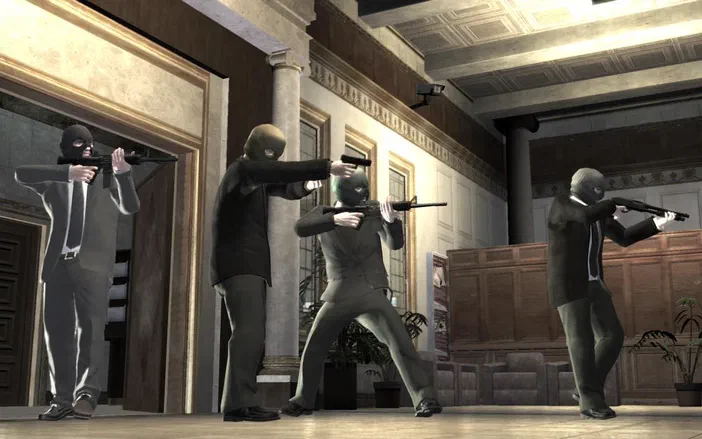 Dans Grand Theft Auto IV : quatre bandits en tenue sombre et masques tiennent des armes à feu dans un hall de style classique.