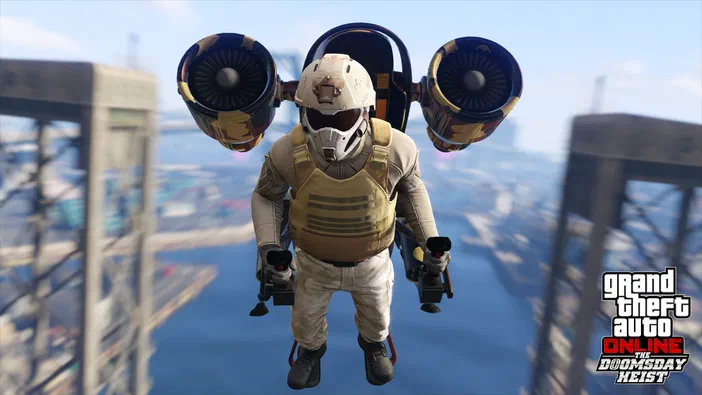 Personnage de Grand Theft Auto V Legacy équipé d'un jetpack à deux propulseurs, flottant au-dessus d'une ville.