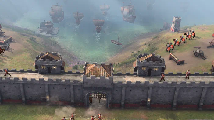 Capture de jeu vidéo Age of Empires IV montrant une forteresse médiévale avec des soldats et des navires en arrière-plan.