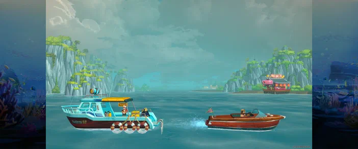 Dans le jeu vidéo Dave the Diver : une mission est confiée à l'héro. Une petite embarcation rouge quitte un navire bleu et blanc sur la mer, devant des falaises rocheuses verdoyantes.