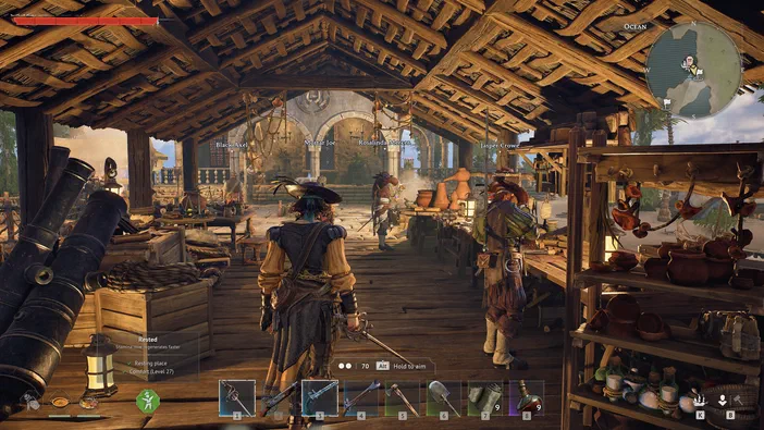 Dans le jeu vidéo Windrose, un personnage est en train de naviguer dans une boutique remplie d'objets et d'autres personnages.