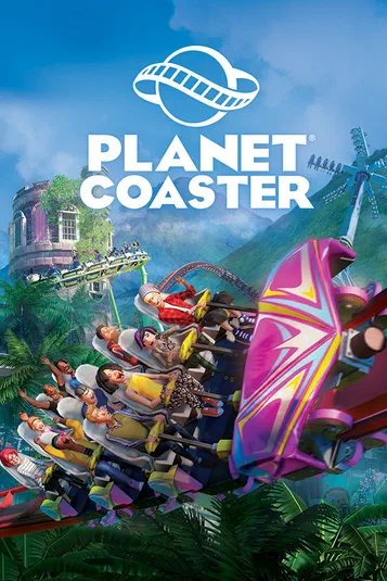 Affiche du jeu vidéo Planet Coaster montrant des passagers sur une montagne russe colorée en plein vol dans un parc d'attractions tropical.