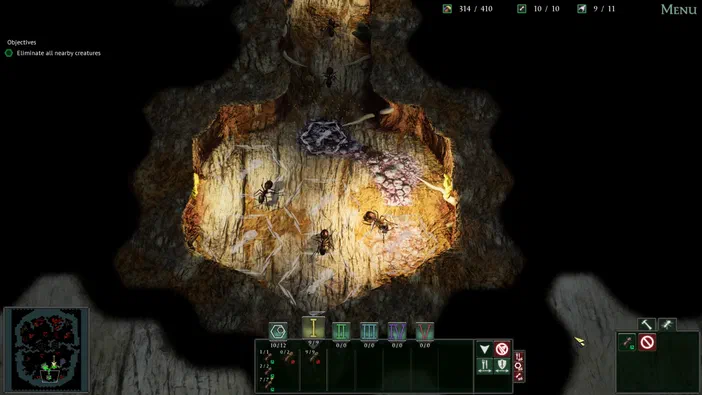 Capture d'écran du jeu vidéo Empires of the Undergrowth montrant une scène de stratégie avec des insectes dans un environnement souterrain.