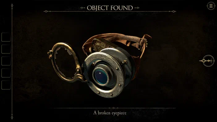 Capture d'écran du jeu The Room Two montrant un objet trouvé, une lunette de vision brisée sur fond sombre.