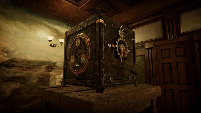 Une armoire mécanique complexe avec des engrenages et un cadran circulaire est posée sur une table en bois dans une pièce aux murs ornés.