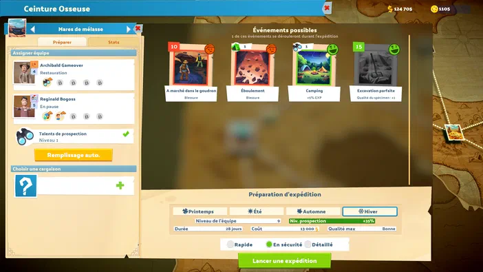Interface de préparation d'expédition dans le jeu Two Point Museum, affichant les dangers possibles et la saison hivernale sélectionnée.