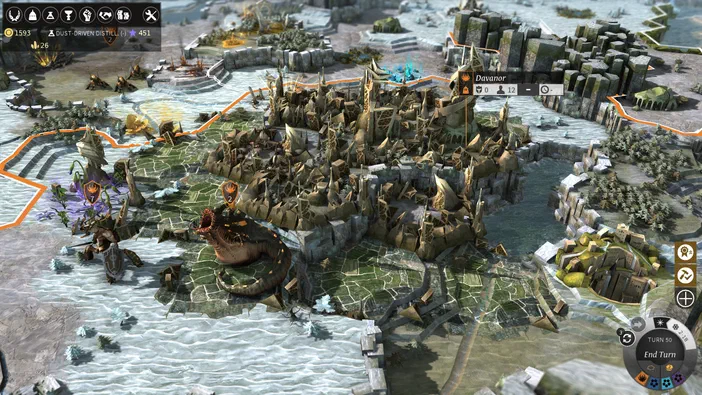 Capture d'écran du jeu de stratégie ENDLESS Legend™ montrant une carte avec des unités et un édifice nommé Davanor.