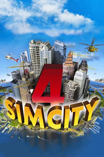 Affiche du jeu vidéo SimCity 4 montrant une ville en construction avec des grues et hélicoptères sous un ciel bleu.