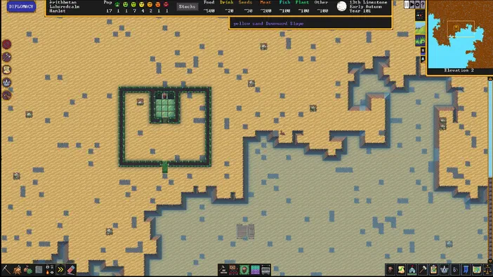 Capture d'écran du jeu vidéo Dwarf Fortress montrant une fortification en cours de construction sur un terrain pixelisé.