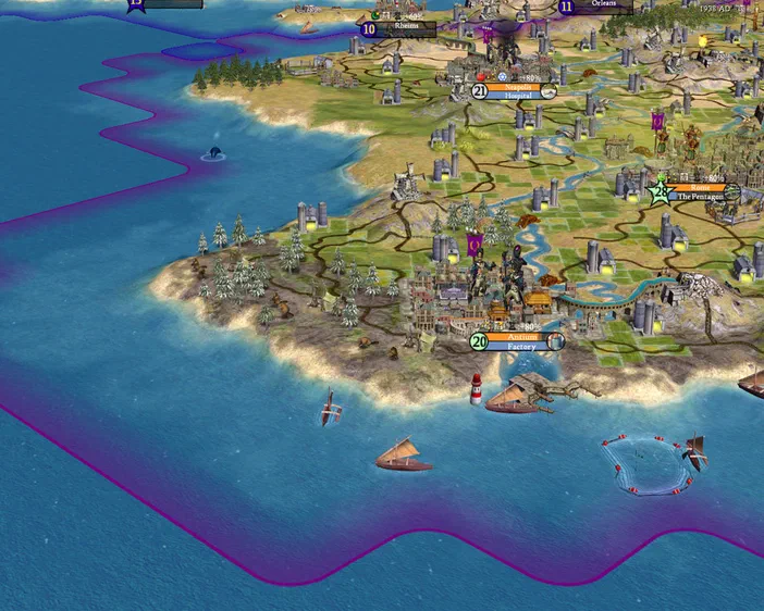 Capture d'écran du jeu Sid Meier's Civilization IV montrant une carte de stratégie avec des villes et des unités sur un continent bordé par la mer.