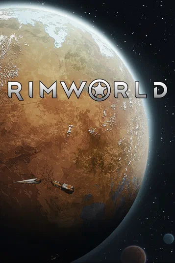 Affiche du jeu vidéo RimWorld montrant une planète rouge avec deux vaisseaux spatiaux en orbite.