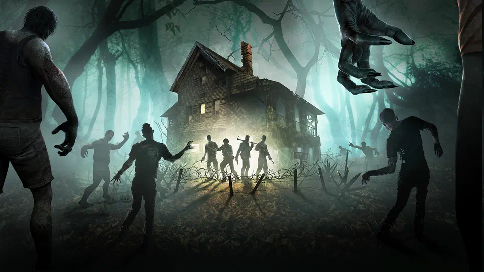 7 Days to Die Dans le jeu vidéo 7 Days to Die, des zombies encerclent une maison en bois au milieu d'une forêt brumeuse et sombre.