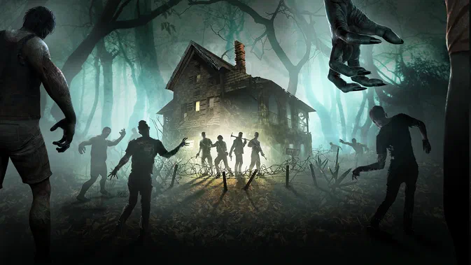 Dans le jeu vidéo 7 Days to Die, des zombies encerclent une maison en bois au milieu d'une forêt brumeuse et sombre.