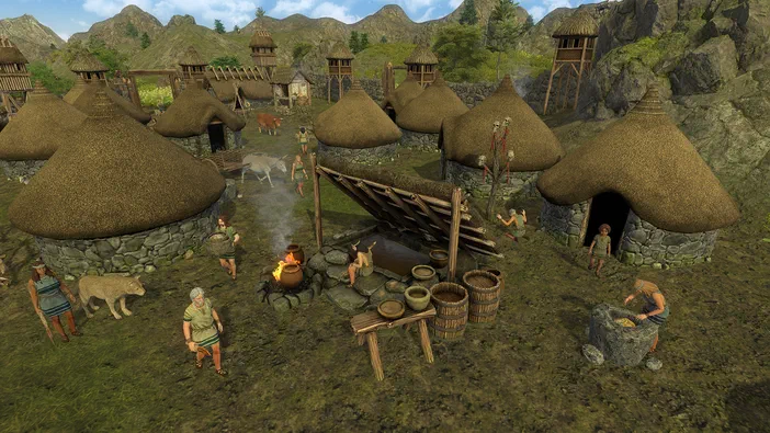 Capture d'écran du jeu Dawn of Man montrant un village préhistorique avec des huttes en pierre et chaume, des personnages occupés à diverses tâches comme la cuisine ou l'agriculture.