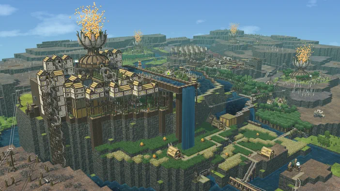 Vue aérienne d'une cité en bois et pierre dans le jeu vidéo Timberborn, avec des structures complexes, des rivières et des explosions de particules dorées.